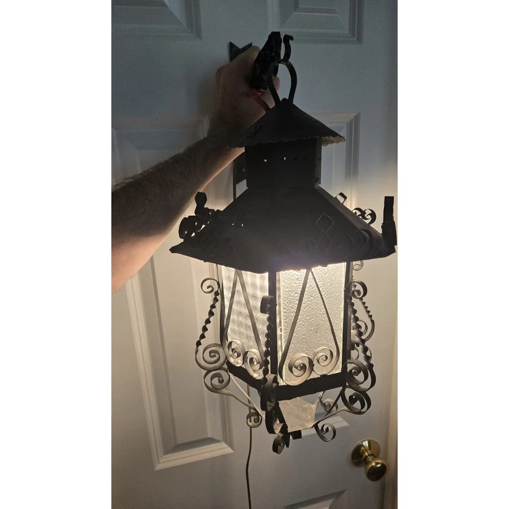 Antique Lantern  Iron Pendant Chandelier Scrolled Glass Gothic Spanish Revival